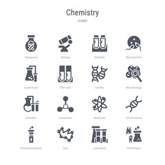 set of 16 vector icons such as cell division, laboratory, cell, chemical reaction, chromosome, molecular, hazardous, scientific from chemistry concept. can be used for web, logo, ui\u002fux