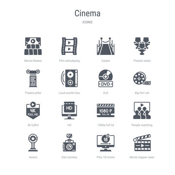 set of 16 vector icons such as movie clapper open, plus 18 movie, dslr camera, award, people watching a movie, 1080p full hd, hd, 4k fullhd from cinema concept. can be used for web, logo, ui\u002fux