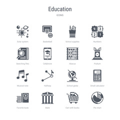 set of 16 vector icons such as pie chart, cart with books, bank, favorite book, small calculator, school globe, halfway, musical note from education concept. can be used for web, logo, ui\u002fux