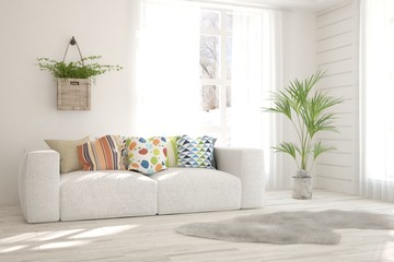 Stylish room in white color with sofa. Scandinavian interior design. 3D illustration