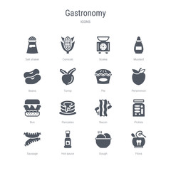set of 16 vector icons such as floss, dough, hot sauce, sausage, pickles, bacon, pancakes, bun from gastronomy concept. can be used for web, logo, ui\u002fux