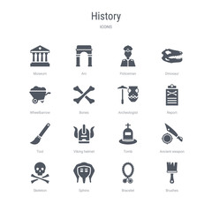 set of 16 vector icons such as brushes, bracelet, sphinx, skeleton, ancient weapon, tomb, viking helmet, tool from history concept. can be used for web, logo, ui\u002fux