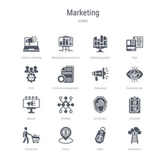 set of 16 vector icons such as motivation, sales, place, consumer, checklist, ad blocker, affiliate, banner from marketing concept. can be used for web, logo, ui\u002fux