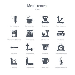 set of 16 vector icons such as temperature measure, water scale, carpenter ruler, line graphic, chronometer running, cup scale, two dumbbells, full spoon from measurement concept. can be used for