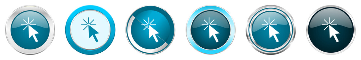 Click here silver metallic chrome border icons in 6 options, set of web blue round buttons isolated on white background