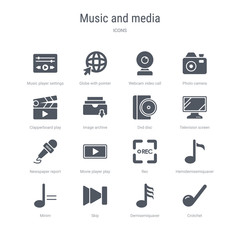 set of 16 vector icons such as crotchet, demisemiquaver, skip, minim, hemidemisemiquaver, rec, movie player play button, newspaper report from music and media concept. can be used for web, logo,