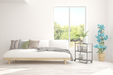 Stylish room in white color with sofa. Scandinavian interior design. 3D illustration