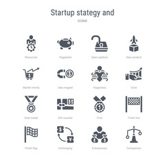 set of 16 vector icons such as comparison, entrepreneur, exchanging, finish flag, finish line, first, gift voucher, gold medal from startup stategy and concept. can be used for web, logo, ui\u002fux