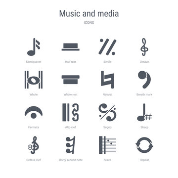 set of 16 vector icons such as repeat, stave, thirty second note rest, octave clef, sharp, segno, alto clef, fermata from music and media concept. can be used for web, logo, ui\u002fux