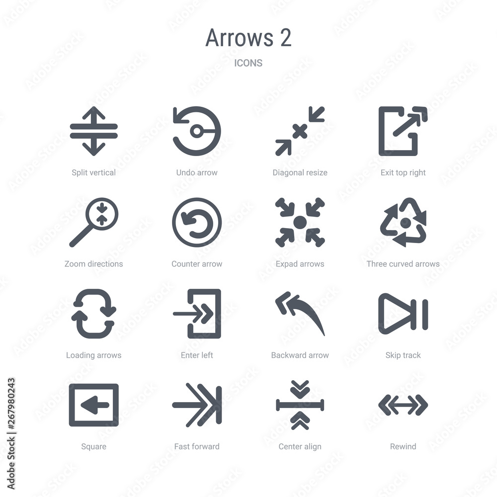 Poster set of 16 vector icons such as rewind, center align, fast forward, square, skip track, backward arro