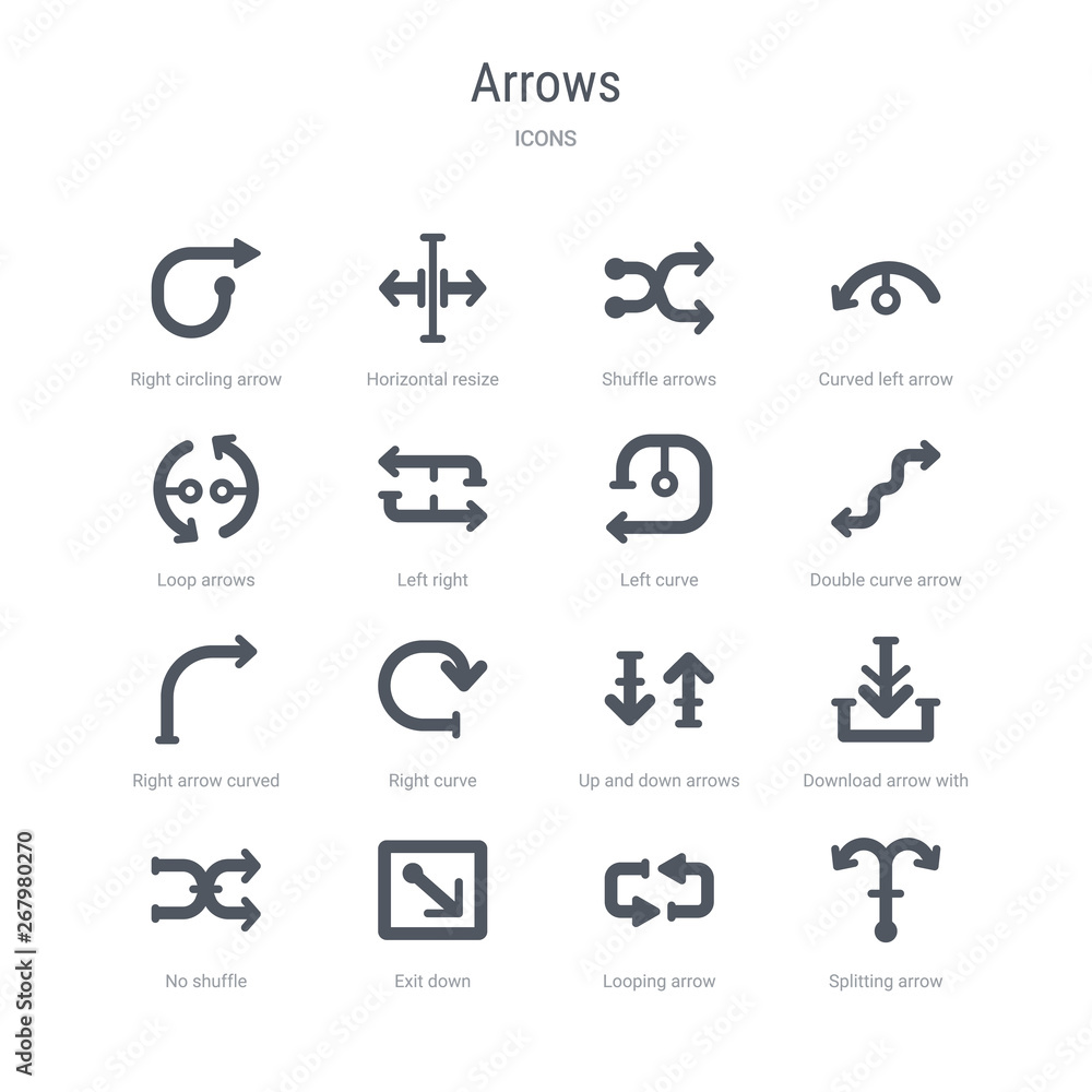 Poster set of 16 vector icons such as splitting arrow, looping arrow, exit down, no shuffle, download arrow