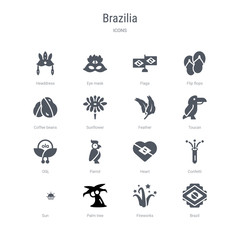 set of 16 vector icons such as brazil, fireworks, palm tree, sun, confetti, heart, parrot, olã¡ from brazilia concept. can be used for web, logo, ui\u002fux