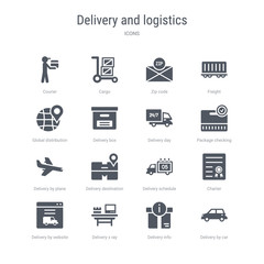set of 16 vector icons such as delivery by car, delivery info, delivery x ray, by website, charter, schedule, destination, by plane from and logistics concept. can be used for web, logo, ui\u002fux