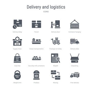set of 16 vector icons such as free delivery, moving, postbox, weight limit, unpacking, waybill, sea ship with containers, duty free from delivery and logistics concept. can be used for web, logo,