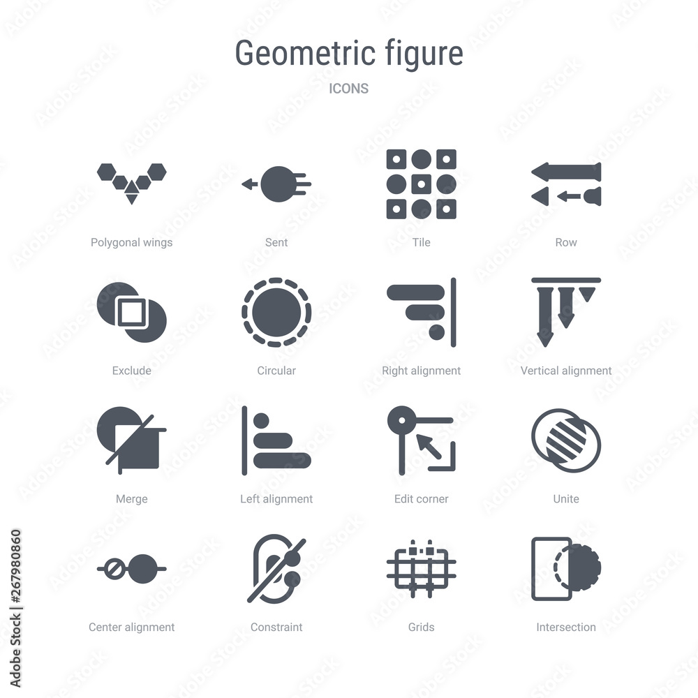Poster set of 16 vector icons such as intersection, grids, constraint, center alignment, unite, edit corner