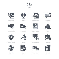 set of 16 vector icons such as consent, information, plain, cooperation, detective, right to objection, auction, decision making from gdpr concept. can be used for web, logo, ui\u002fux