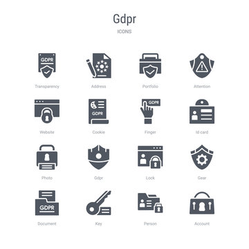 set of 16 vector icons such as account, person, key, document, gear, lock, gdpr, photo from gdpr concept. can be used for web, logo, ui\u002fux