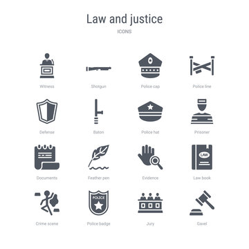 set of 16 vector icons such as gavel, jury, police badge, crime scene, law book, evidence, feather pen, documents from law and justice concept. can be used for web, logo, ui\u002fux