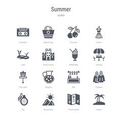 set of 16 vector icons such as island, travel guide, mountains, fig, flippers, bar, sangria, disc golf from summer concept. can be used for web, logo, ui\u002fux