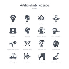 set of 16 vector icons such as robots and humans, sensorama, smart lens, solar energy car, synthetic food, technology tree, unmanned aerial vehicle, unsupervised learning from artificial