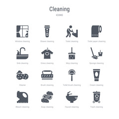 set of 16 vector icons such as trash cleaning, faucet cleaning, soap cleaning, bleach cream toilet brush brush cleaner from concept. can be used for web, logo, ui\u002fux