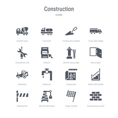 set of 16 vector icons such as constructing a brick wall, flags crossed, derrick with boxes, road barrier, stairs with handle, house plan, stopcock, backhoes from construction concept. can be used