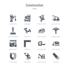 set of 16 vector icons such as wood saw, derrick with ball, man painting, inclined magnet, derrick with box, five meters ruler, angle ruler, measures plan from construction concept. can be used for