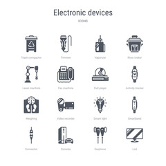 set of 16 vector icons such as lcd, earphone, console, connector, smartband, smart light, video recorder, weighing from electronic devices concept. can be used for web, logo, ui\u002fux