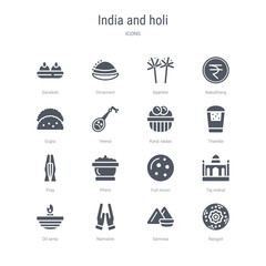set of 16 vector icons such as rangoli, samosa, namaste, oil lamp, taj mahal, full moon, phirni, pray from india and holi concept. can be used for web, logo, ui\u002fux