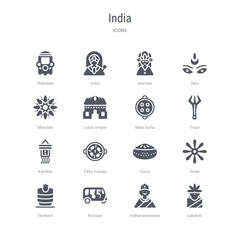 set of 16 vector icons such as lakshmi, ardhanareeswara, ricksaw, tandoori, anise, curry, tikka masala, kandeel from india concept. can be used for web, logo, ui\u002fux
