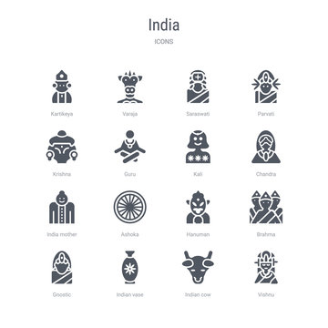 set of 16 vector icons such as vishnu, indian cow, indian vase, gnostic, brahma, hanuman, ashoka, india mother from india concept. can be used for web, logo, ui\u002fux