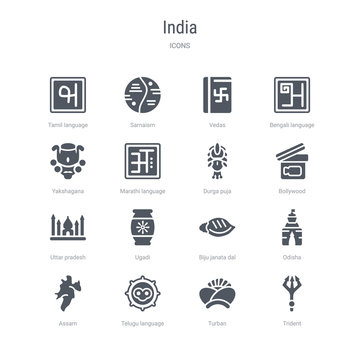 set of 16 vector icons such as trident, turban, telugu language, assam, odisha, biju janata dal, ugadi, uttar pradesh from india concept. can be used for web, logo, ui\u002fux