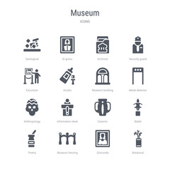 set of 16 vector icons such as botanical, gioconda, museum fencing, poetry, ballet, ceramic, information desk, anthropology from museum concept. can be used for web, logo, ui\u002fux