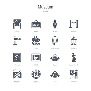 set of 16 vector icons such as painting, exit, no phone, no photo, venus de milo, closed, still life, pop art from museum concept. can be used for web, logo, ui\u002fux