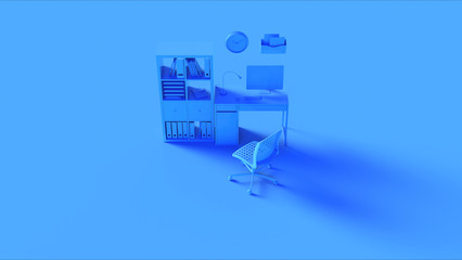 Blue Contemporary Home Office Setup with Bookshelf Modern Computer Wall Clock File Holder Chair and Notebook 3d illustration 3d rendering