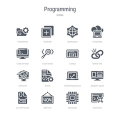 set of 16 vector icons such as command, microchip, 404 error, css file format, adaptive layout, advertising bounce, article, authorize from programming concept. can be used for web, logo, ui\u002fux