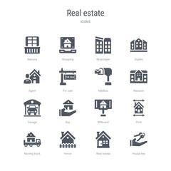 set of 16 vector icons such as house key, real estate, fence, moving truck, print, billboard, buy, garage from real estate concept. can be used for web, logo, ui\u002fux