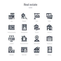 set of 16 vector icons such as catalog, deposit, real state, calculate, storehouse, map location, house decoration, juridical from real estate concept. can be used for web, logo, ui\u002fux