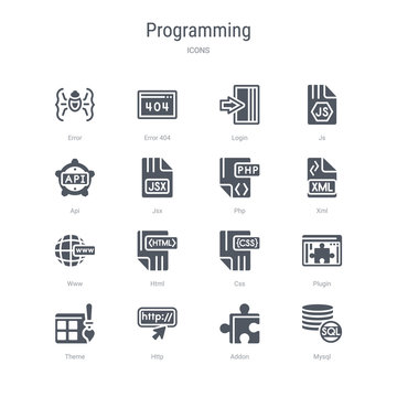 set of 16 vector icons such as mysql, addon, http, theme, plugin, css, html, www from programming concept. can be used for web, logo, ui\u002fux