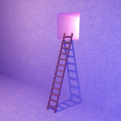 Ladder on blue wall to window showing light. 3d illustration