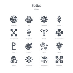 set of 16 vector icons such as excellence, precipitation, abundance, beauty, safety, earth, freedom, pluto from zodiac concept. can be used for web, logo, ui\u002fux