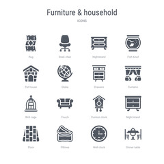 set of 16 vector icons such as dinner table, wall clock, pillows, floor, night stand, cuckoo clock, couch, bird cage from furniture & household concept. can be used for web, logo, ui\u002fux