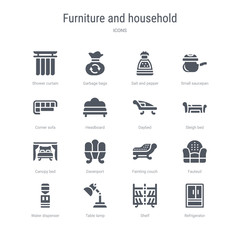 set of 16 vector icons such as refrigerator, shelf, table lamp, water dispenser, fauteuil, fainting couch, davenport, canopy bed from furniture and household concept. can be used for web, logo,