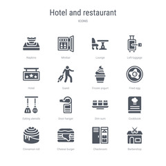 set of 16 vector icons such as barbershop, checkroom, cheese burger, cinnamon roll, cookbook, dim sum, door hanger, eating utensils from hotel and restaurant concept. can be used for web, logo,
