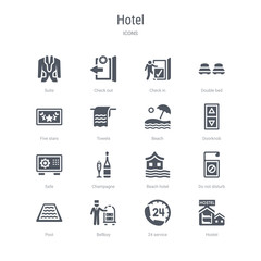 set of 16 vector icons such as hostel, 24 service, bellboy, pool, do not disturb, beach hotel, champagne, safe from hotel concept. can be used for web, logo, ui\u002fux