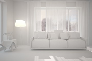 Fototapeta premium Mock up of stylish room in white color with sofa. Scandinavian interior design. 3D illustration