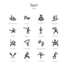 set of 16 vector icons such as kickball, kickboxing, kung fu, lacrosse, marathon, mixed martial arts, paragliding, polo sport from sport concept. can be used for web, logo, ui\u002fux