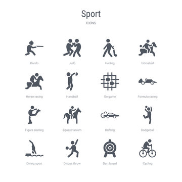 set of 16 vector icons such as cycling, dart board, discus throw, diving sport, dodgeball, drifting, equestrianism, figure skating from sport concept. can be used for web, logo, ui\u002fux