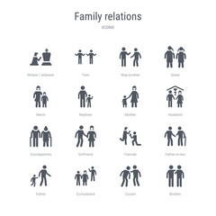 set of 16 vector icons such as brother, cousin, ex-husband, father, father-in-law, fiancée, girlfriend, grandparents from family relations concept. can be used for web, logo, ui\u002fux