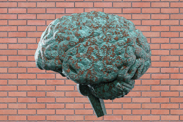 Brain with chipped paint texture on wall background, conceptual image of alzheimer's dementia confusion memory loss stroke mental injury. 3D illustration